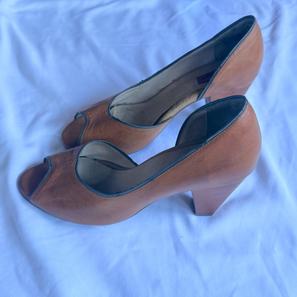 Miz Mooz Tan Peep-Toe Heels